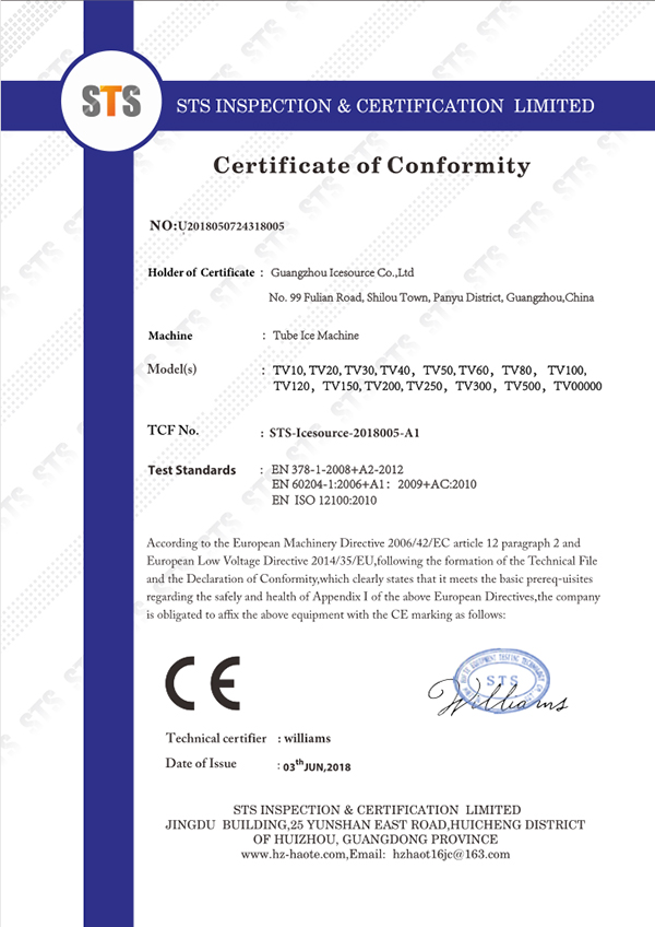 CE Certificate for Tube Ice Machine