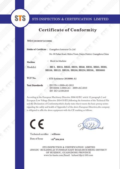CE Certificate for Block Ice Machine