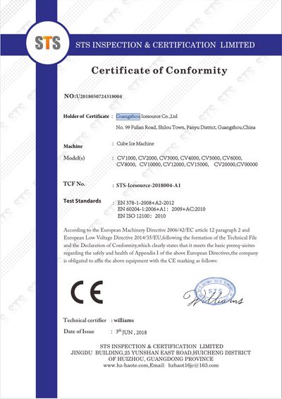 CE Certificate for Cube Ice Machine