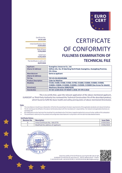 CE Certificate for Cube Ice Machine