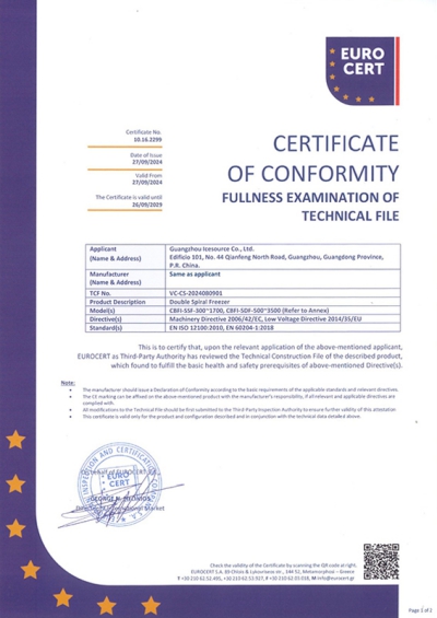 CE Certificate for Double Spiral Freezer