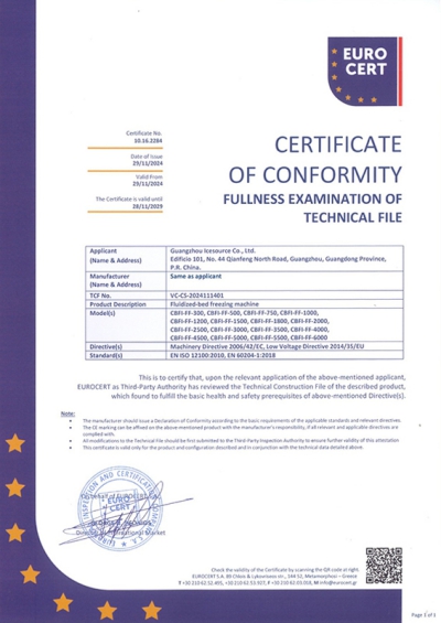 CE Certificate for Fluidized-Bed Freezing Machine
